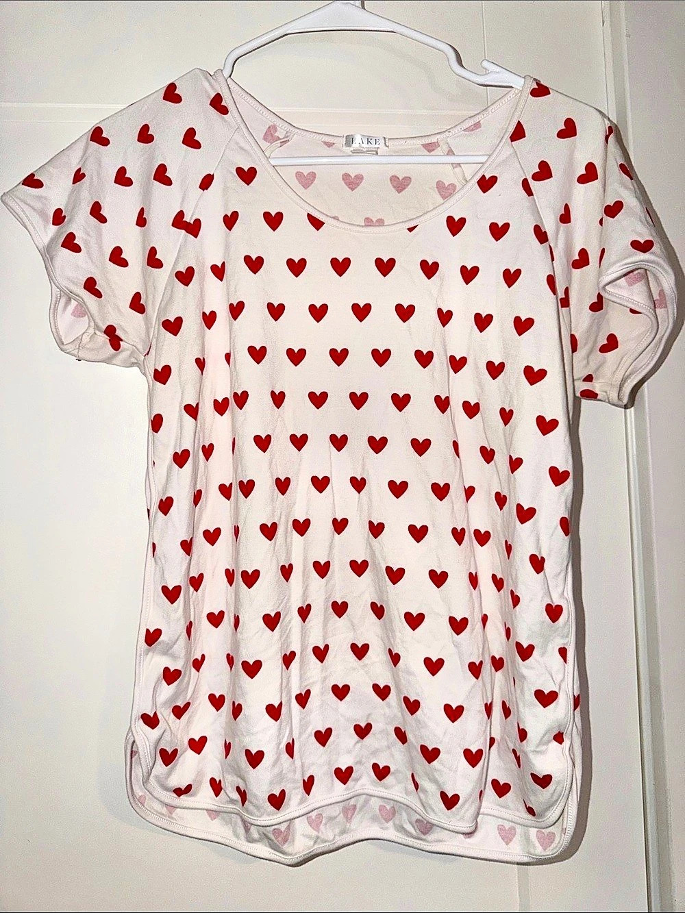 Lake Pajamas Red Heart Print Pajama Short Sleeve Top. Size M